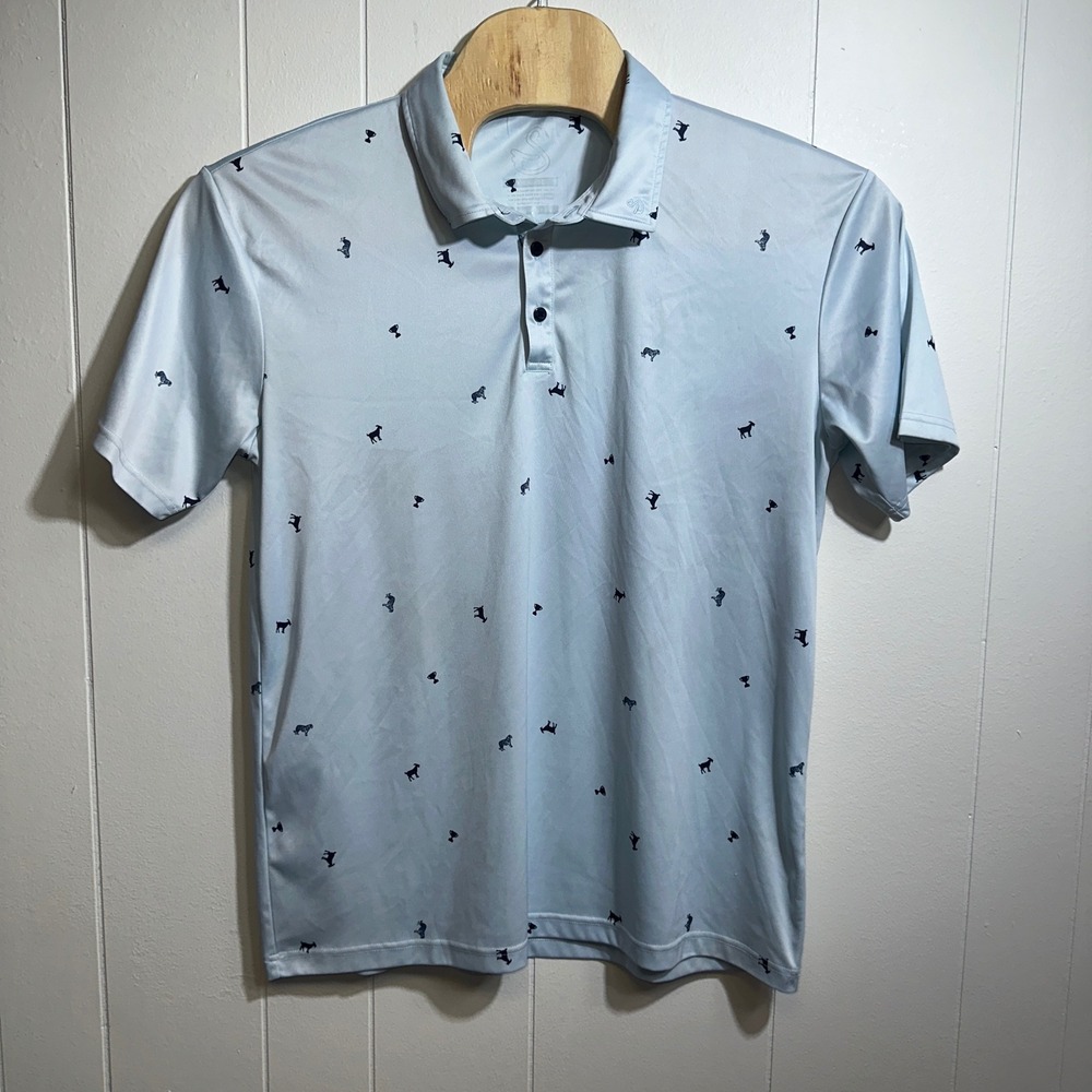 Swannies Mens XL Performance Golf Polo Light Blue Goat Tiger Trophy Print Shirt